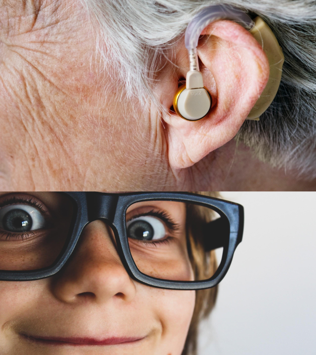 Split view of glasses and a hearing device 